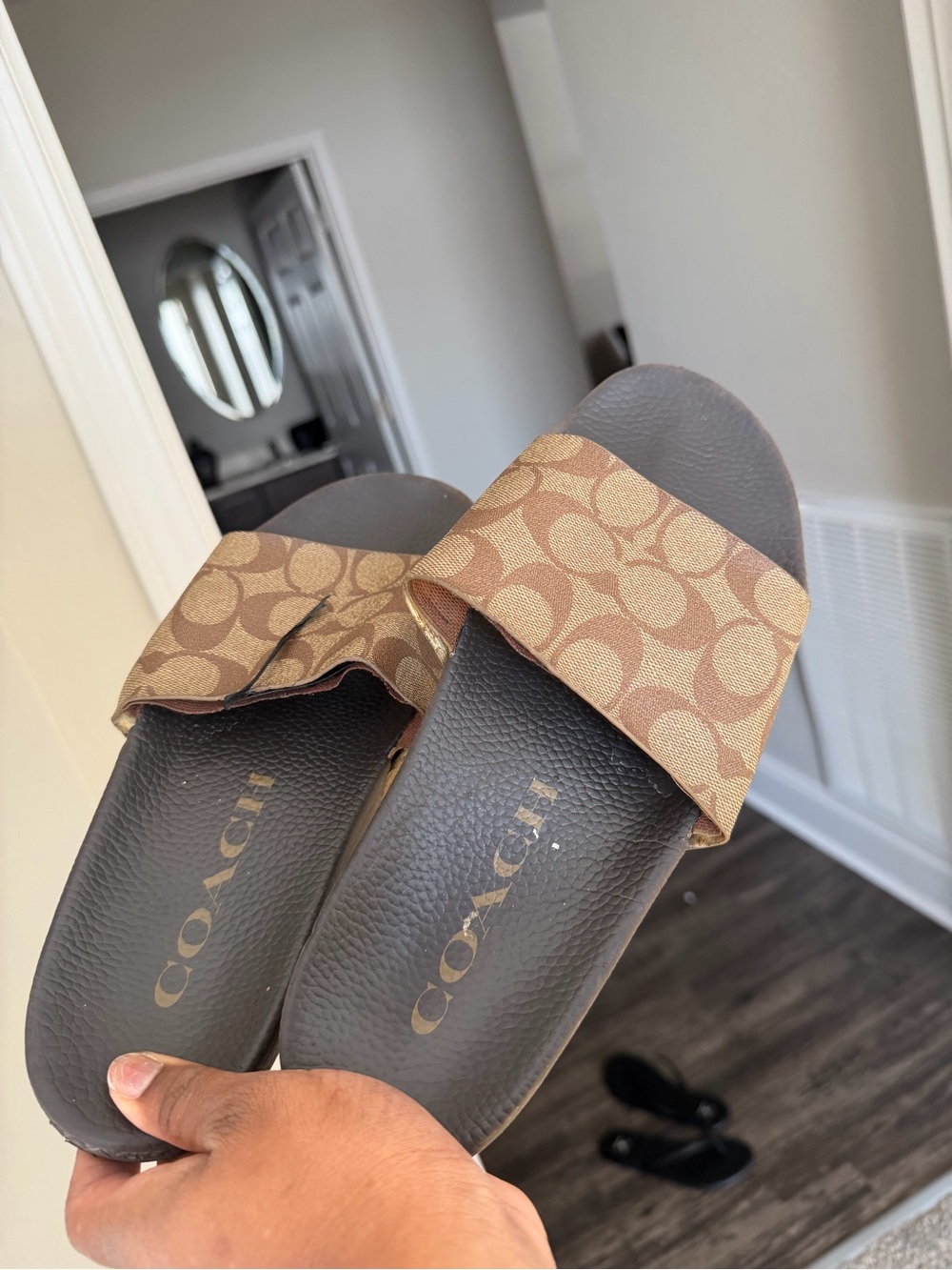COACH Brown Signature Canvas Slide Sandals with Black Footbed